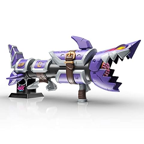Nerf LMTD League of Legends Jinx Fishbones Blaster, 18 bębnów, 18 rzutek Nerf Elite, 3 sztuki w zestawie, stojak na wyświetlacz