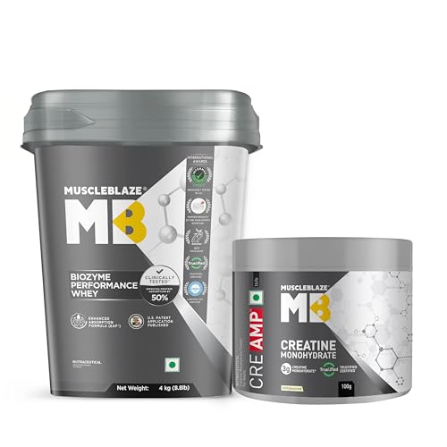 Image of MuscleBlaze Biozyme Performance Whey Protein Powder, Magical Mango (4kg / 8.8lbs) & Micronised Creatine Monohydrate CreAMP Powder, Unflavoured (32 Servings, 100g) | Pack of 2