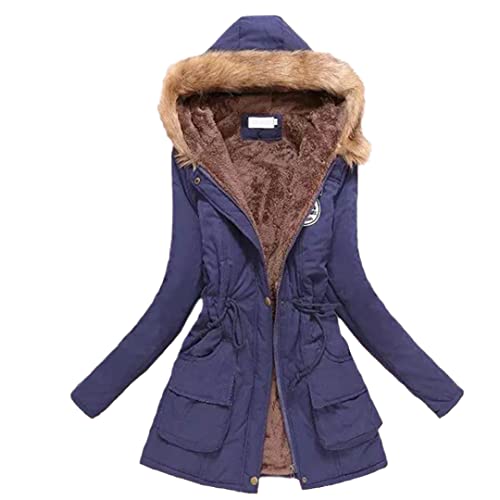 Veste d'hiver femme bleu marine manteau chaud coton épais col fourrure XL