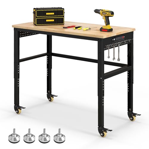 IRONMAX 48\'\' Adjustable Work Bench with Wheels, 1760 LBS Heavy Duty Oak Wood Table Top Workstation w/Power Strip & Foot Pad, 5 Different Height Hardwood Worktable for Workshop, Garage, Office, Home