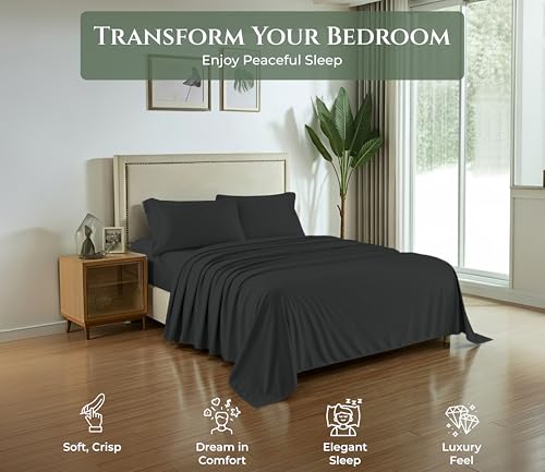 Image of ROYALE LINENS 100% Organic Cotton King Sheet Set - 16 inch Deep Pocket Bed Sheets - Eco Friendly Black Bed Sheets - Sabanas King - 1 Flat, 1 Fitted & 2 Pillowcases - Black Sheet Set - Cotton Bedding Sets