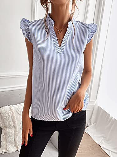 WDIRARA Women's Striped Ruffle Cap Sleeve Notched V Neck Blouse Top Shirt4