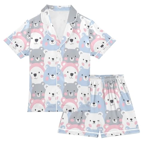 ALAZA Bear White Blue Gray Pajamas Satin Pajama Set Short Sleeve Button Down Sleepwear