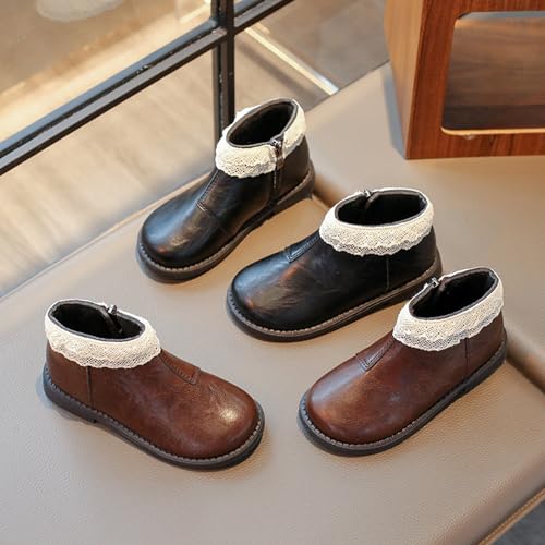 Toddler Kids Girls Solid Leather Ankle Boots with Lace Hem Platform Anti Slip Side Zipper Little Girl Boots Size 122