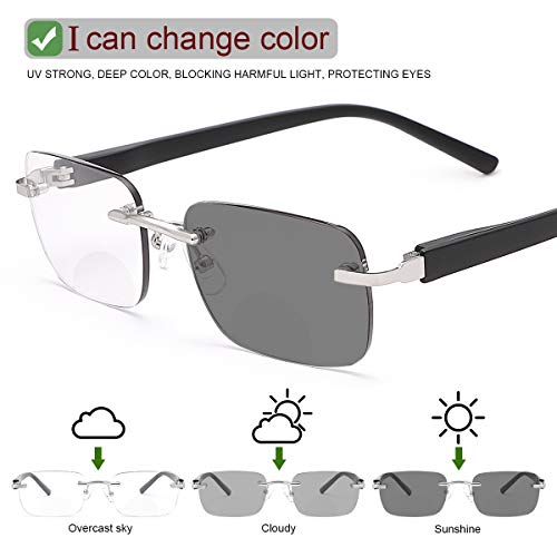 Rimless Spring Hinge Photochromic Bifocal Sunglasses Blue Light Blocking Computer Reading Glasses UV400 Protection Transition Sun Readers Anti Glare Reduce Eyestrain Eyewear Eyeglasses for Men Women - Image 3