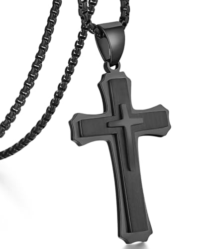 jiamiaoi Cross Necklace for Men Surgical Steel Mens Cross Necklace 316L Stainless Steel Cross Pendant Necklace in Color Silver/Black/Gold, Nickel Free Steel Cross Necklaces Chain 22In-26In