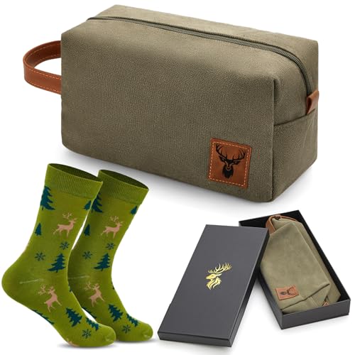 Jadive Set de Regalo Incluye 1 Neceser con el Logo de un Ciervo 1 Divertido Calcetín de Accesorios de Caza para Hombre, Escalada, Senderismo, Cumpleaños, Pascua