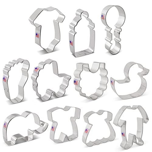 Baby Shower Cookie Cutters 11 Pc Set Made In Usa By Ann Clark, Onesie, Bib, Rattle, Bottle, Carriage, Foot, Footie Pjs, Dress, Romper, Duck #TOP7