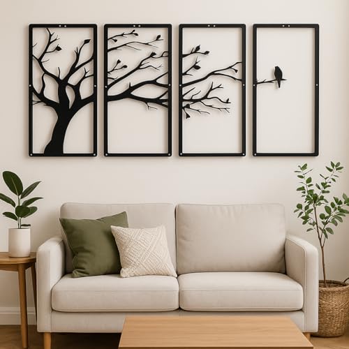 Image of Trocshop Modern 4-Piece Tree Wall Art Panel Set | Branch & Birds Design | MDF Wooden Wall Hanging | 3D Matte Finish | Items For Living Room /Bedroom /Drawing Room /Dining Room | 40x22 cm Each - Black