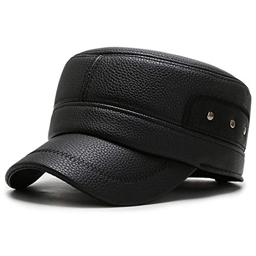 Mens Vintage Leather Military Cadet Hat Winter Earflaps Hat Fleece Lining Army Cap Adjustable Flat Top Hat (Style 1-Black)