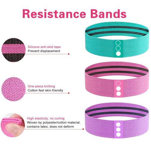 Resistance Bands, 3pcs Fitnessbänder Hip Widerstandsbänder Set mit starker Dehnbarkeit, 3 Zugkraftstärken rutschfeste Trainingsband, für Hüfte Beine Pilates Yoga Krafttraining(grün+rosa+lila)