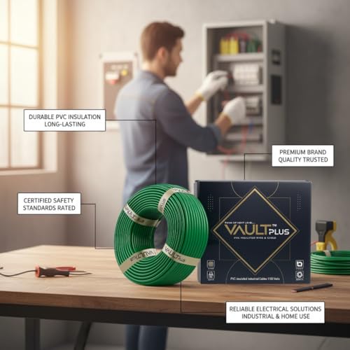 Image of VAULTPlus Green 1mm CCA Copper Electrical Wire | 90 Meter Long Roll | PVC Insulated Cable for Home, Commercial & Industrial Internal Wiring