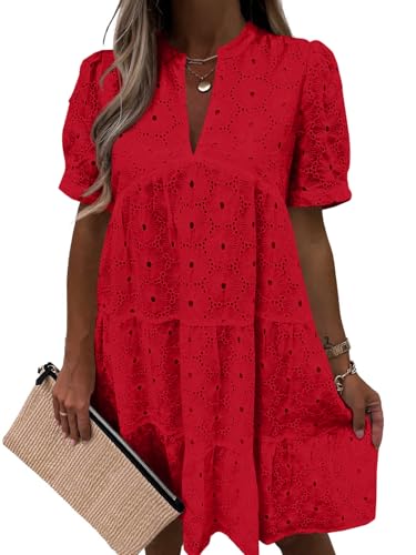 Image of Imily Bela Womens Summer Lace Dresses Eyelet Casual Flowy Babydoll Swing Short Sleeve V Neck Tunic Dress