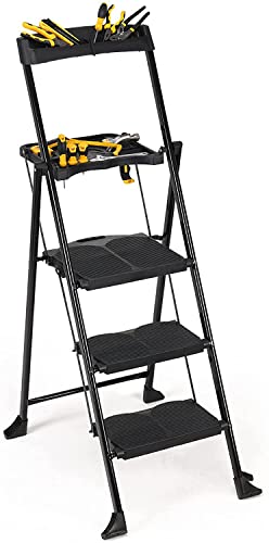Leiter 3 Stufen Klappbar Stehleiter mit 2 Werkzeugablagen und wirklich breitem Anti-Rutsch-Pedal Tragbare Trittleiter Klappleiter bis 250 kg belastbar Cover