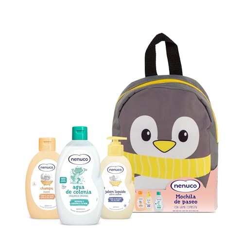 Nenuco Pack Bebé Mochila de Paseo Pingüino, con Gama Completa, Colonia, Jabón, Champú, 3x200ml