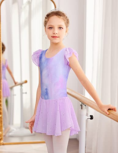 Image of Arshiner Girls Shiny Ruffle Sleeve Ballet Leotard with Skirt Criss-Cross Back Dance Dresses