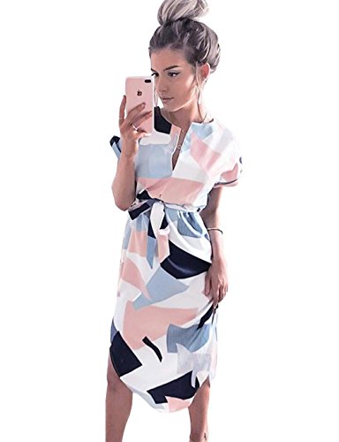 LitBud Womens Dresses Summer for Women Ladies Short Sleeve Casual Vintage Office Party Holiday Belted Shift Midi Tunic Dress Pink Size 8 10 L Black to School