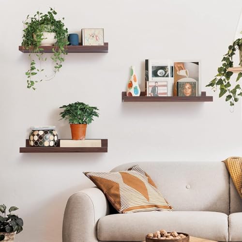 Image of Wooden Floating Wall Shelves Set of 3 for Living Room & Bedroom | Modern Wall Mounted Display Rack for Decor, Photo Frames, Plants & Storage (Walnut, 16 Inch)