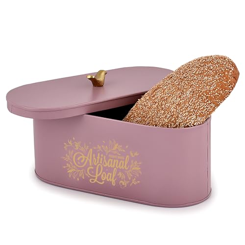 Image of Elan Gingham and Blooms Bread Box with Tweet Bird Knob, Food-Grade Storage for Bread and Bakery Storage Container (Mauve)