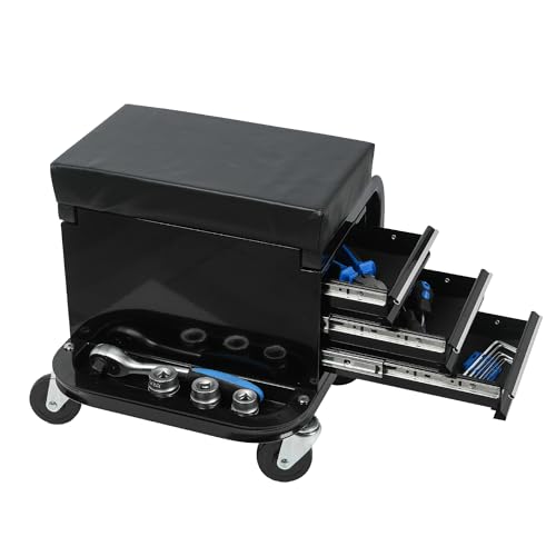Rolling Creeper Garage/Shop Seat with Three Built-in Drawers, Rolling Tool Chest