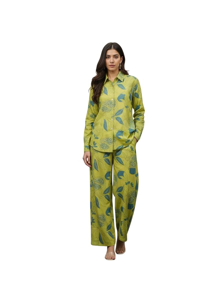 Women's Printed Co-ord Set, Floral Botanical Print, Long Sleeve Collared Shirt, Wide Leg Pants, Casual Two-Piece Outfit, Comfortable Everyday.-picture-38