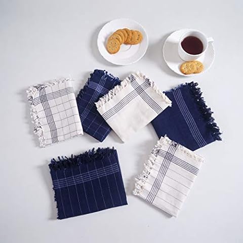 FINGERCRAFT Cloth Dinner Napkins Cotton Linen Fabric Soft Checks Design Set of 6 with Fringe Good Absorbency for Dining Party Table Decor 20x20 Inch Cover