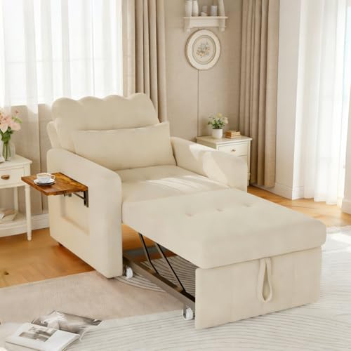 Schlafsofa 3-in-1,Schlafsessel mit Bettfunktion Sofa Ausziehbar mit 5-Stufig Verstellbarer RüCkenlehne Sessel mit Schlaffunktion Schlafcouch mit Kissen und Seitentasche,Chenille-Gewebe (Beige)
