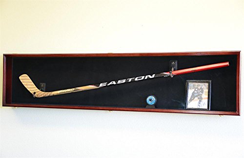 Hockey Stick Puck Display Case Rack Holder Full Size Wall Mounted (Cherry Wood Finish, Red Background)