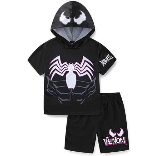 Marvel Spider-Man Miles Morales Venom Boys Hooded Athletic T-Shirt and Active Mesh Short Set for Big Kids