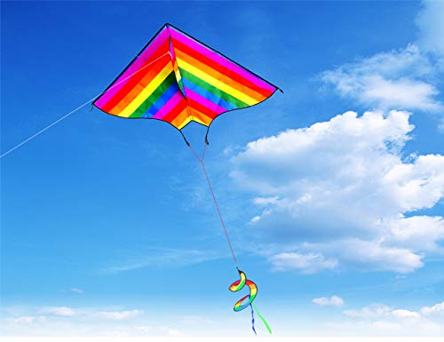 ZHUOYUE Delta Rainbow Kites for Kids and Adults, Easy to Fly Single Line Nylon Kite with Long Tail 45"x25" Inch - Thumbnail 6