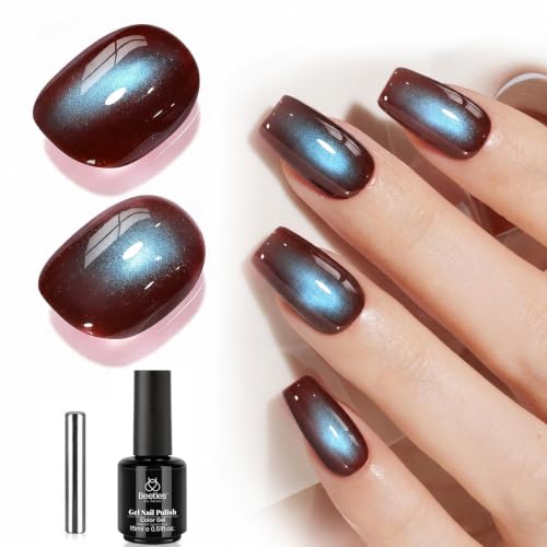 Image of Beetles Brown Cat Eye Gel Nail Polish - Aurora Mocha Cat Eye Gel Polish, 15ML Blue Powder Brown Glitter Fall Gel Polish Magnetic Shimmer Effect Soak Off UV Nail Art Design Manicure Gifts for Women