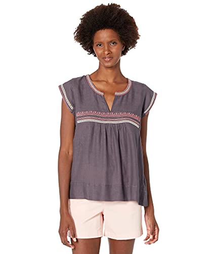 Lucky Brand Women s Short Sleeve Split Neck Embroidered Woven Top, Greystone, M