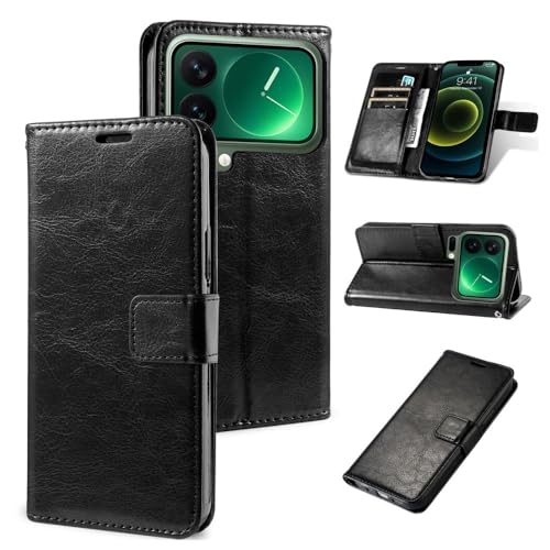 Étui Xiaomi 17 noir avec portefeuille à rabat en cuir uni pour protection complète