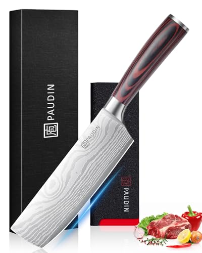 PAUDIN Nakiri Knife - 7' Razor Sharp Meat Cleaver and Vegetable Kitchen Knife, High Carbon Stainless Steel, Multipurpose Asian Chef Knife for Home and Kitchen with Ergonomic Handle