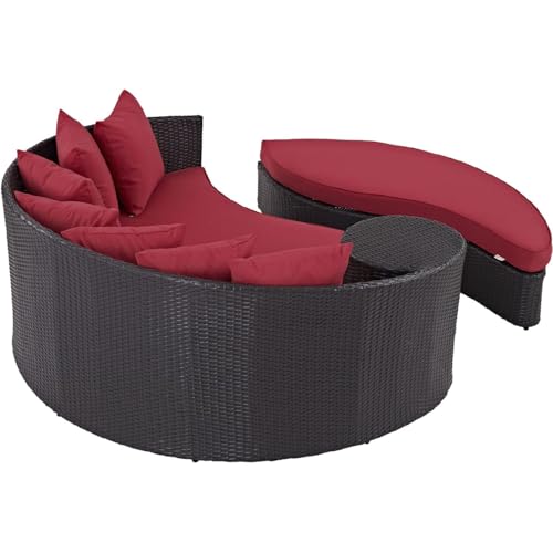 Image of BRISHI Outdoor Patio Daybed /Sunbed /Swimming Pool Side /Sun Lounger /Garden /Terrace /Balcony /Wicker and Rattan Daybed (Dark Brown /Red)