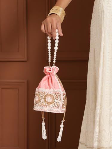 Image of THE TAN CLAN Pushp Zardozi Embroidered Mini Lotus Potli Bag - Handcrafted Silk Pouch with Intricate Zardozi & Lotus Design for Weddings, Bridal Accessories, and Special Occasions