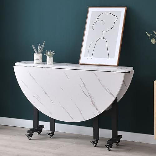 Mesa Plegable Comedor, Comedor Plegable Moderno, con 6 Ruedas, Mesa de Comedor Plegable MóVil, Mesa de Comedor Plegable Redonda de Hoja Abatible, con Patas de Metal for Espacios PequeñOs(White,100cm/3