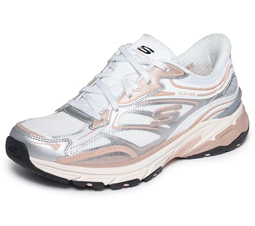 Skechers Donna Stamina Sport Slip-In ALLENATRICE, Silver Duraleather/White Mesh/Pink Trim, 39 EU