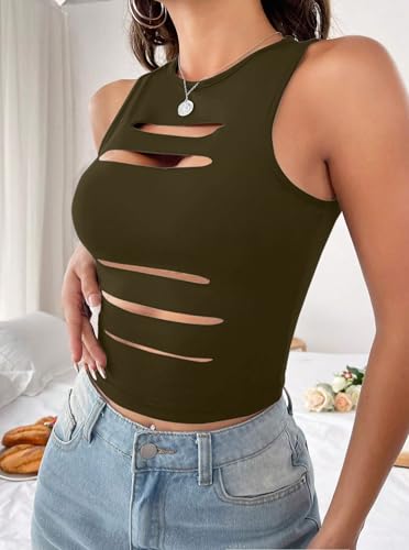 Image of LovelyWholesale Women Sexy Cut Out Crop Tank Tops Crew Neck Summer Sleeveless Top