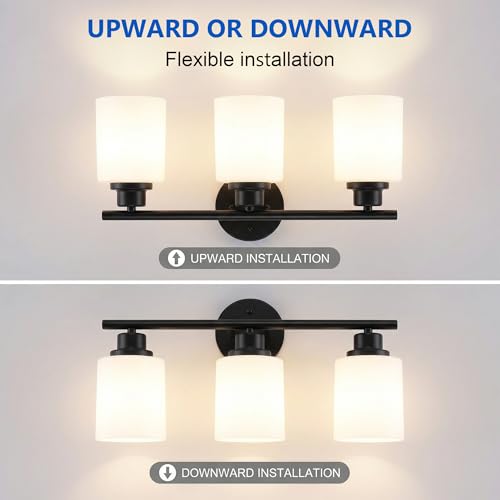 Image of Unicozin 3 Light Bathroom Light Fixtures, Modern Vanity Lights with Milky Glass Shade, Black Wall Lamp Over Mirror for Bathroom, Living Room, Cabinet, Bedroom, E26 Base