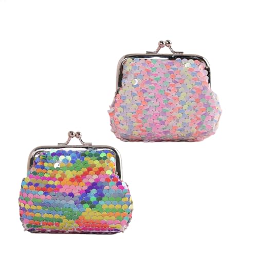 2 Pcs Sequin Coin Purses, Reversible Sequin Little Wallet with Kiss-Lock Closure - Color Change Purse for Coins, Wallets for Girls 6-8, Mini Purse 9x7cm