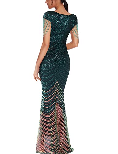 Image of Women 1920s Plus Size Formal Dress Tassels Sleeve Sequins Gatsby Maxi Evening Gown