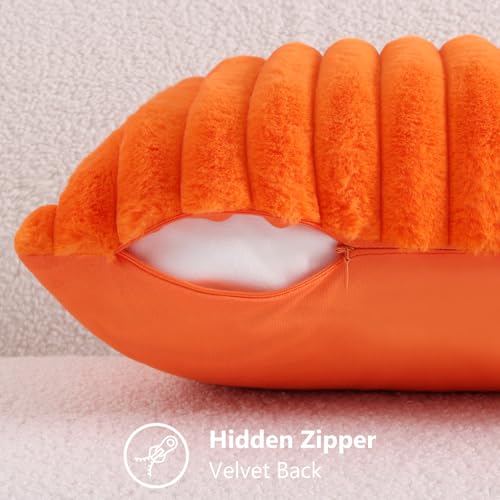 Image of decorUhome Fall Cozy Faux Fur Throw Pillow Covers 16x16 Set of 2 Decorative Soft Plush Striped Modern Farmhouse Boho Couch Pillow Cases with Velvet Back for Sofa Bed Living Room, Orange