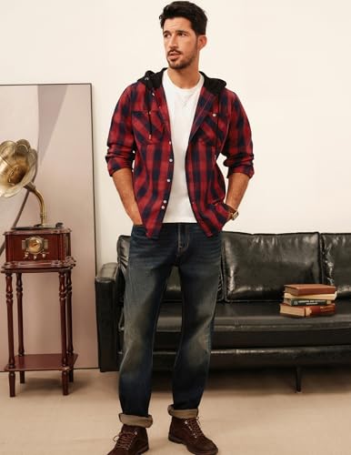 PJ PAUL JONES Mens Hooded Flannel Shirt Long Sleeve Plaid Shirts Hoodie Jackets