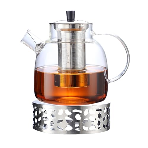 Shuqio Glasteekanne mit Heizstövchen & Siebensatz 1500ML Hitzebeständiges Teeset aus Klarem Glas mit Edelstahl-Teesieb Ideal für Teeservice zu Hause oder mit Freunden