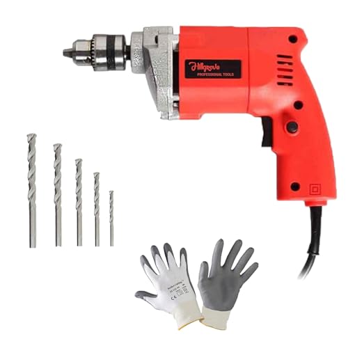 Image of Hillgrove HGCM1109M1 500W Power Drill Machine with Gloves, 5Pcs Masonry Drill Bits for Making Holes in Metal /Wood /Concrete Pistol Grip Drill (10 mm Chuck Size)