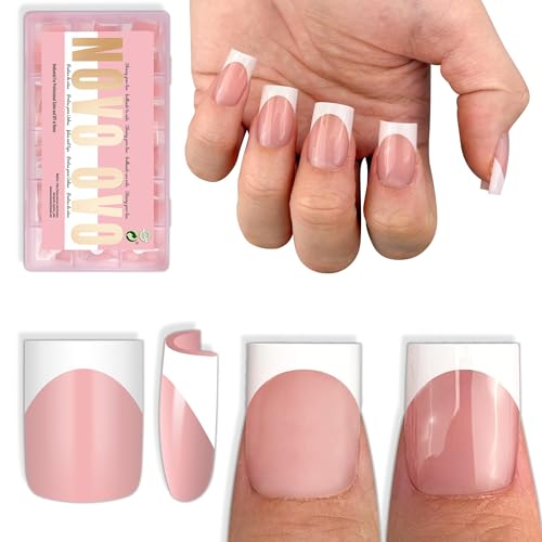 NOVO OVO Short Sharp Square White French Tip Nail Tips Press on BABY PINK, Need Builder Gel Top Coat...