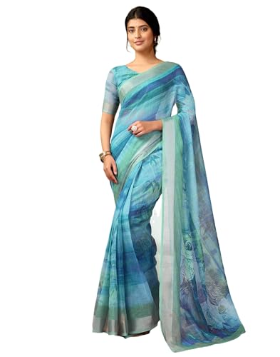 Image of SIRIL Women's Cotton Linen Printed Readymade Saree 1 Minute Ready to Wear Saree With Unstitched Blouse Piece