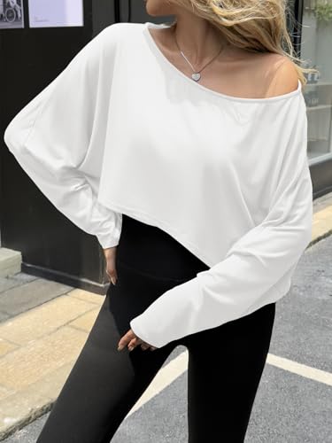 Fisoew Womens Off The Shoulder Cropped Tops Batwing Long Sleeve Loose Fit Summer Boat Neck Workout T Shirts2