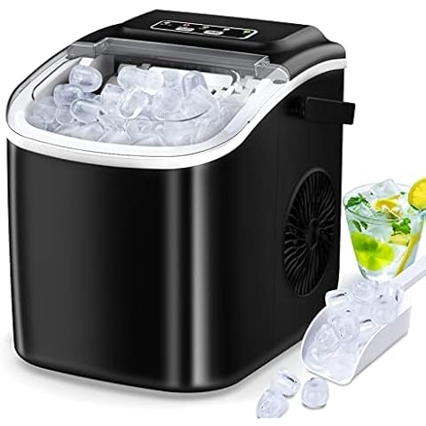 Countertop Ice Maker, Portable Ice Maker Machine with Carry Handle, Self-Cleaning Ice Makers, 9 Bullet Ice in 6 Mins, 26.5Lbs/24H with Ice Bags and Ice Scoop Basket for Home Bar Camping RV(Black) Cover